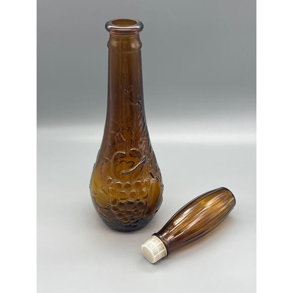 Vintage MCM Dabs Amber Glass Embossed Fruits Decanter From Portugal READ - Picture 4 of 12